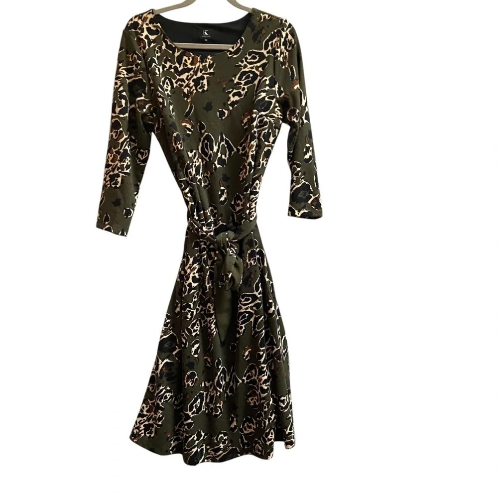 K Design Belted Abstract Printed Long Sleeve Midi Shift Dress Sz XL